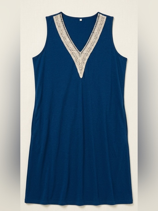 Scarlet Elias Dresses & Skirts - Sleeveless V-Neck Blue Dress with Crochet Trim with Pockets XL